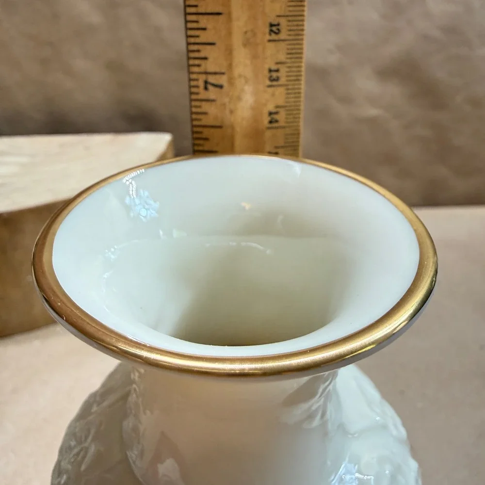Lenox Ming Blossom Vase Cream Porcelain 24K Gold Trim Raised Floral 6 Inch